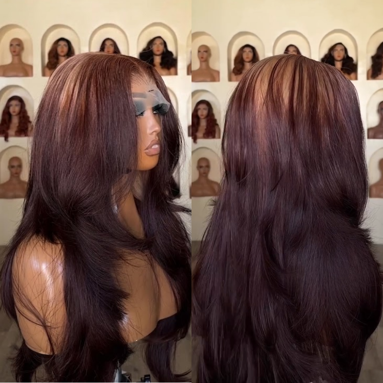 Auburn Brown Highlight Loose Wave Human Hair Wig with Top Blonde Streaks HD Lace Front Wig- Rafarada
