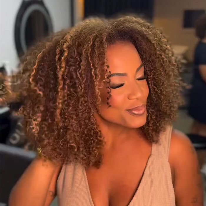 #4/27 Mixed Honey Blonde Highlights Jerry Curly Human Hair Wigs Lace Front Wig High Density Bouncy Kinky Curly Wig - Rafarada