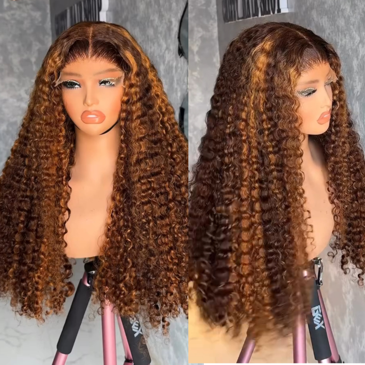 Glueless Curly Wave Lace Front Wig Highlights Mixed Color Human Hair Wigs Nature Middle Part Curly Wig for Black Women - Rafarada