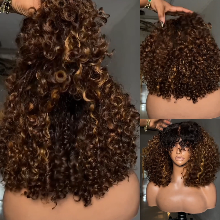 Luxury Ombre Honey Blonde Deep Wave Human Hair Wig with Dark Roots HD Lace Frontal Wig With Bangs 100% Brazilian Hair Caramel Highlights Glueless Curly Wig- Rafarada