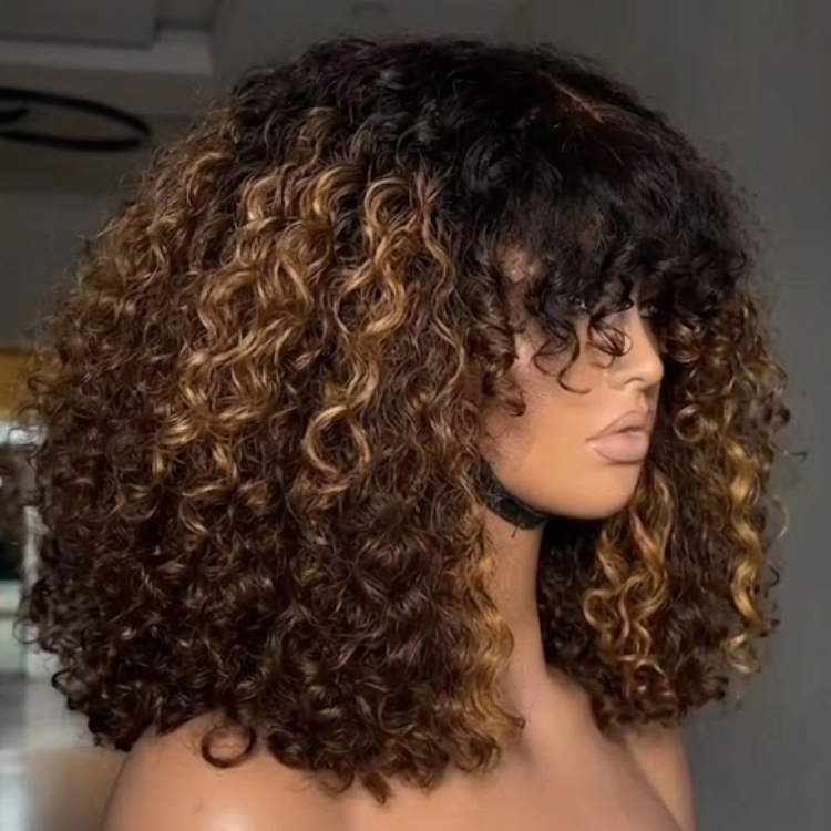 Luxury Ombre Honey Blonde Deep Wave Human Hair Wig with Dark Roots HD Lace Frontal Wig With Bangs 100% Brazilian Hair Caramel Highlights Glueless Curly Wig- Rafarada