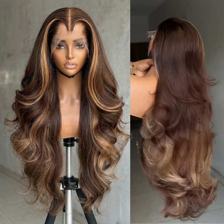 Glueless Highlighted Brown and Honey Blonde Body Wave Human Hair Wig with Money Piece Layered Bouncy Curls Wig- Rafarada