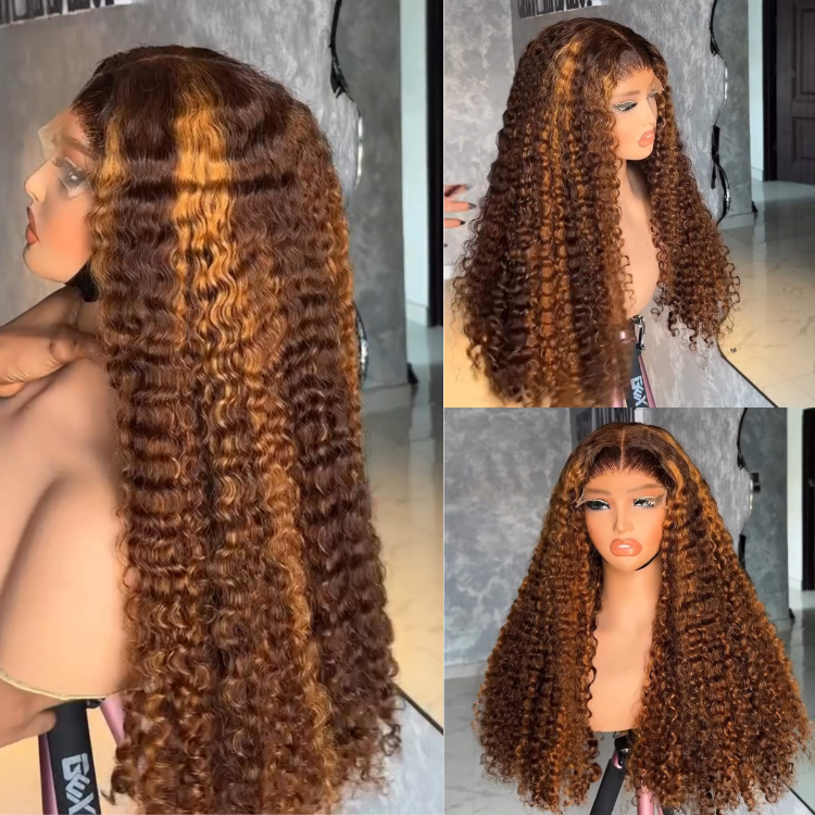 Glueless Curly Wave Lace Front Wig Highlights Mixed Color Human Hair Wigs Nature Middle Part Curly Wig for Black Women - Rafarada
