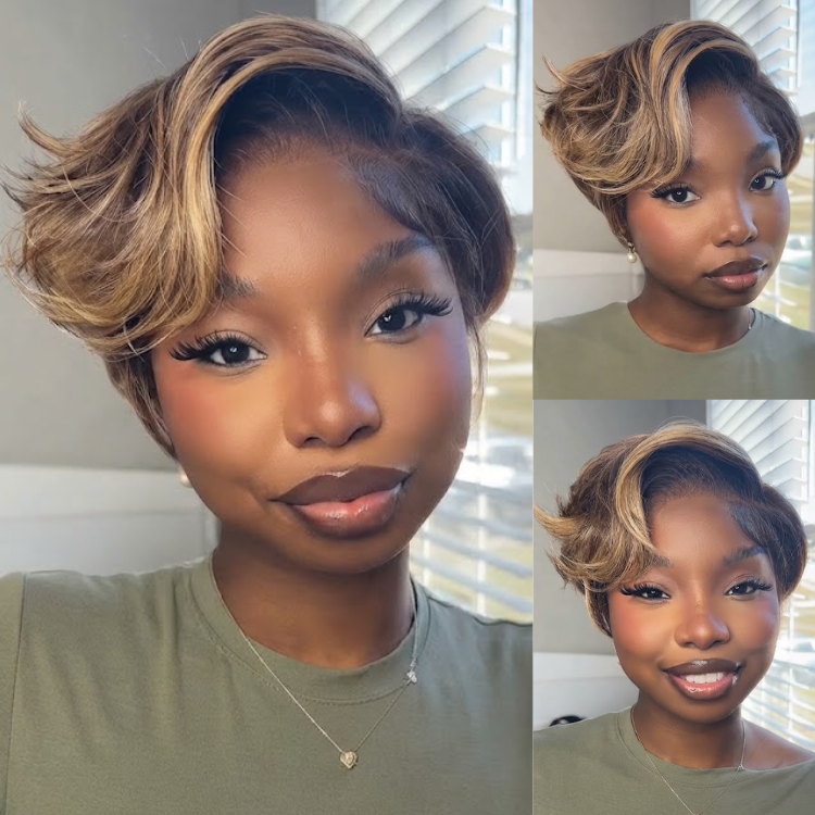 Highlights & Honey Brown Layered Pixie Cut Human Hair Wig with Side Swept Bangs | Soft Waves | Glueless Short Cap - Rafarada
