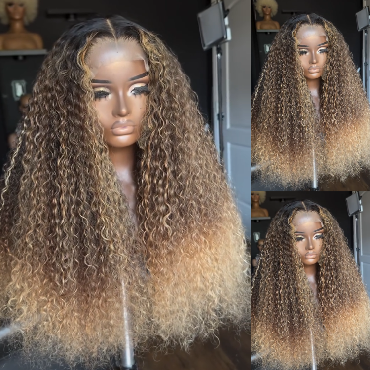 Honey Ash Blonde Ombré Kinky Curly Wig - Voluminous Deep Wave Textured 13x6 HD Lace Frontal - 100% Human Hair- Rafarada