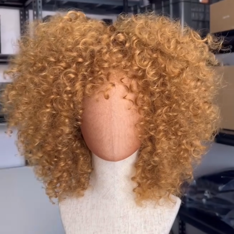 Voluminous Honey Blonde Super Tight and Bouncy Coily Curls Human Hair Wig with Bangs 100% Remy Glueless- Rafarada