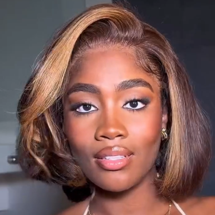 Short Chocolate Brown with Honey Blonde Highlights Bouncy Volume Bob Glueless Lace Wig - Rafarada