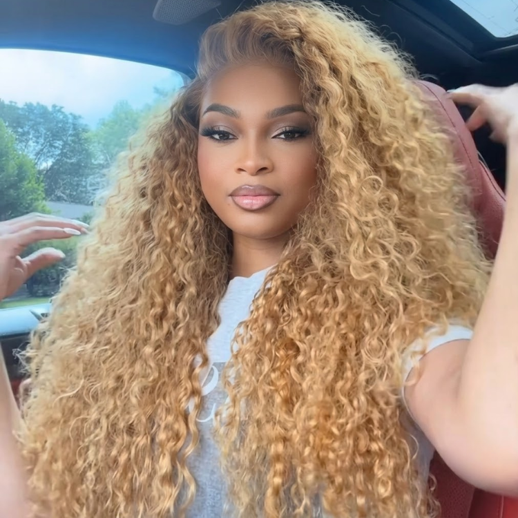 Honey Blonde Deep Wave Lace Front Human Hair Wig Voluminous Curly Glueless Pre-Plucked Hairline- Rafarada