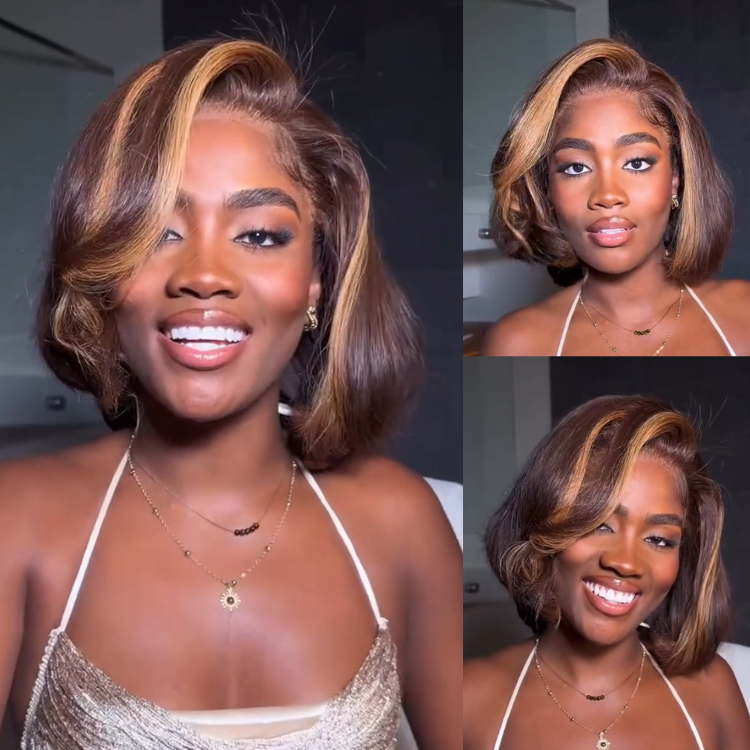 Short Chocolate Brown with Honey Blonde Highlights Bouncy Volume Bob Glueless Lace Wig - Rafarada
