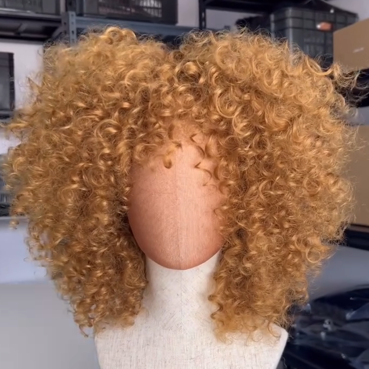 Voluminous Honey Blonde Super Tight and Bouncy Coily Curls Human Hair Wig with Bangs 100% Remy Glueless- Rafarada