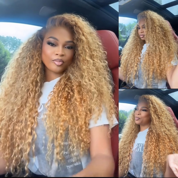 Honey Blonde Deep Wave Lace Front Human Hair Wig Voluminous Curly Glueless Pre-Plucked Hairline- Rafarada