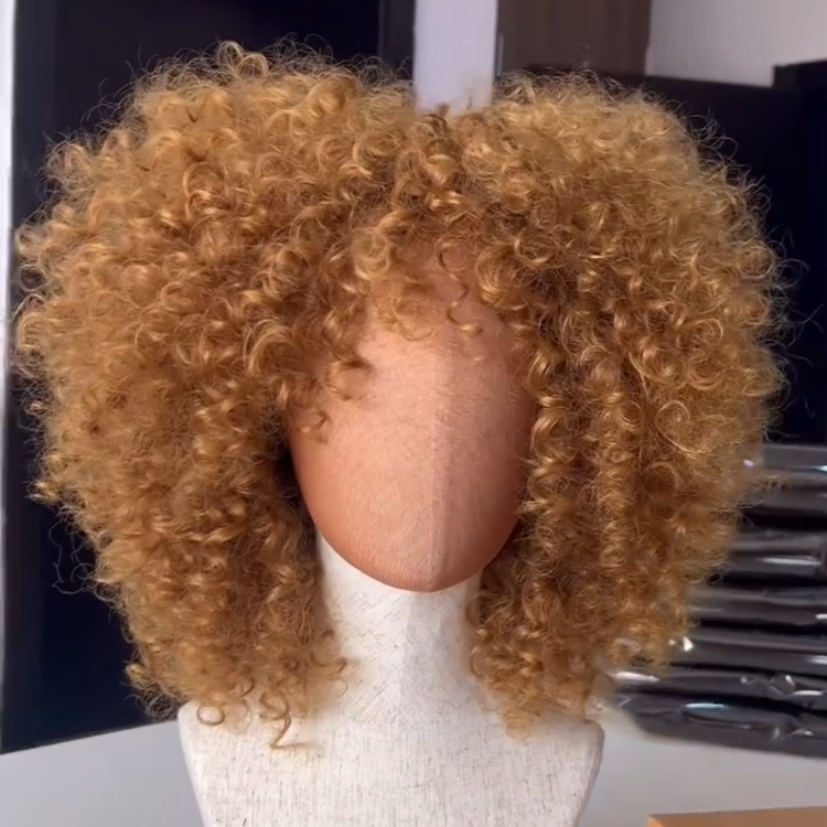 Voluminous Honey Blonde Super Tight and Bouncy Coily Curls Human Hair Wig with Bangs 100% Remy Glueless- Rafarada