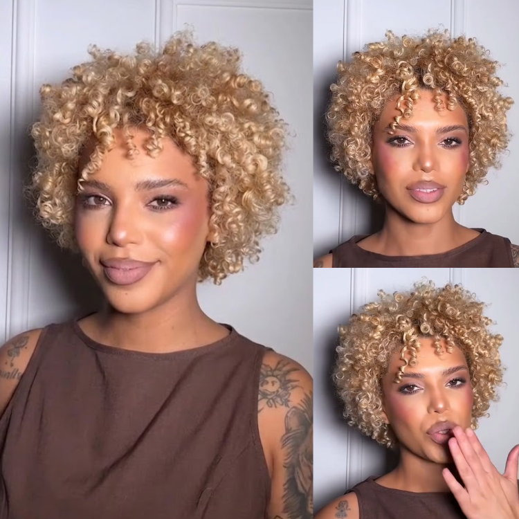 Honey Blonde Afro Kinky Curly Bob Wig with Bangs 100% Human Hair Short Glueless Tight Curl Wig for Women- Rafarada