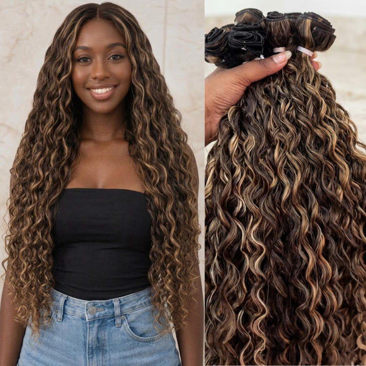 Honey Blonde Highlight Deep Wave Human Hair Bundles P4/27 Caramel Brown Ombre Water Wave Brazilian Hair Weave Extensions for Women - Rafarada