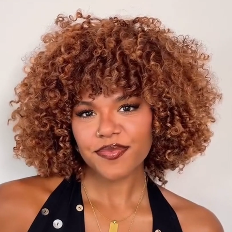 Honey Blonde Highlight Kinky Curly Bob Wig With Bangs | Voluminous Spring Coils Human Hair Wig- Rafarada