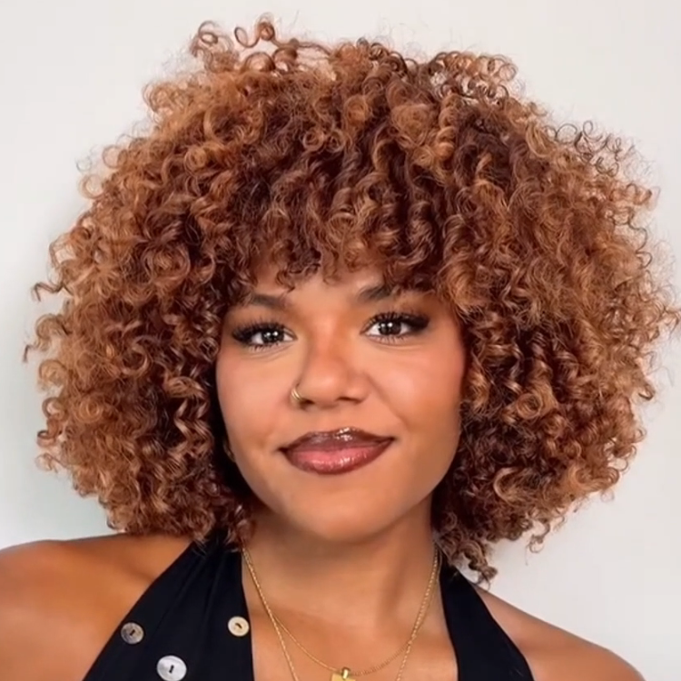 Honey Blonde Highlight Kinky Curly Bob Wig With Bangs | Voluminous Spring Coils Human Hair Wig- Rafarada