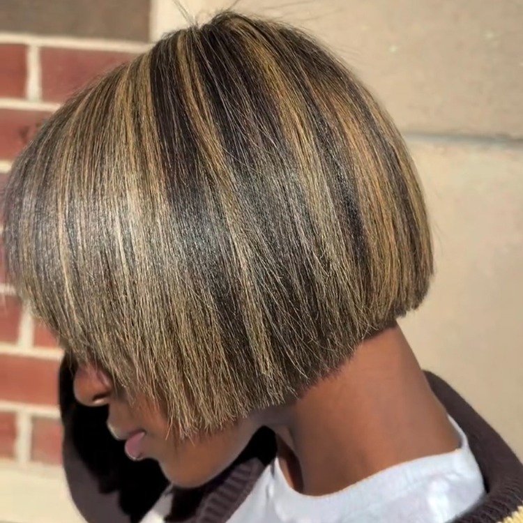 Sleek Honey Blonde Highlighted Blunt Cut Bob Wig with Bangs Straight Human Hair - Rafarada