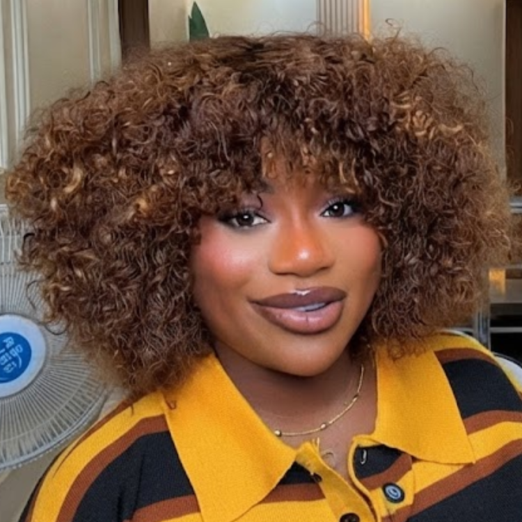 Honey Blonde Highlighted Kinky Curly Bob Wig with Bangs - Voluminous Spring Coils Human Hair Wig- Rafarada