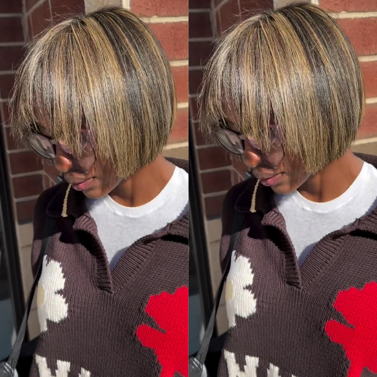 Sleek Honey Blonde Highlighted Blunt Cut Bob Wig with Bangs Straight Human Hair - Rafarada