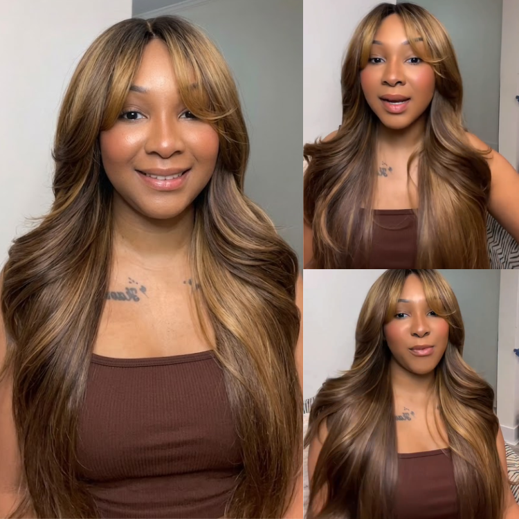 Glueless Human Hair Wig with Curtain Bangs - Long Layered Body Wave Honey Blonde Highlighted Balayage Wigs for Women- Rafarada