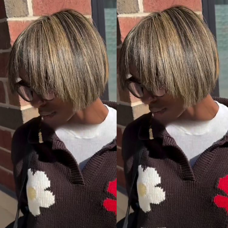 Sleek Honey Blonde Highlighted Blunt Cut Bob Wig with Bangs Straight Human Hair - Rafarada