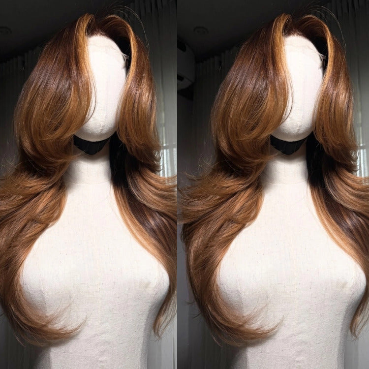 Glueless Honey Blonde Highlight Layered Lace Front Wig Wth Curtain Bangs Human Hair Wig- Rafarada