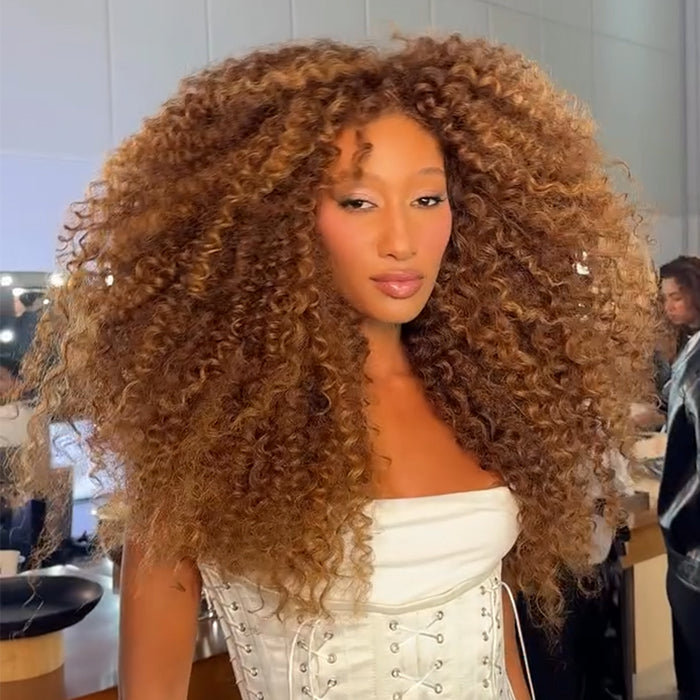 Honey Blonde Highlighted Brazilian Kinky Curly Human Hair Wig Glueless Lace Natural Hairline Pre-Plucked Wig- Rafarada