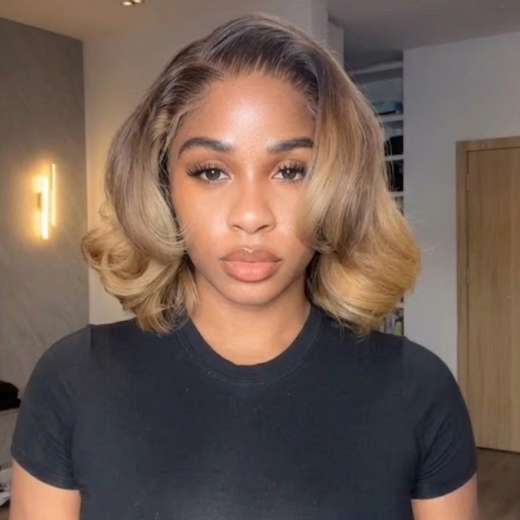 Honey Blonde Highlights Layered Bob Pre-plucked HD Lace Wig Ombre Dark Roots Voluminous Waves Human Hair- Rafarada
