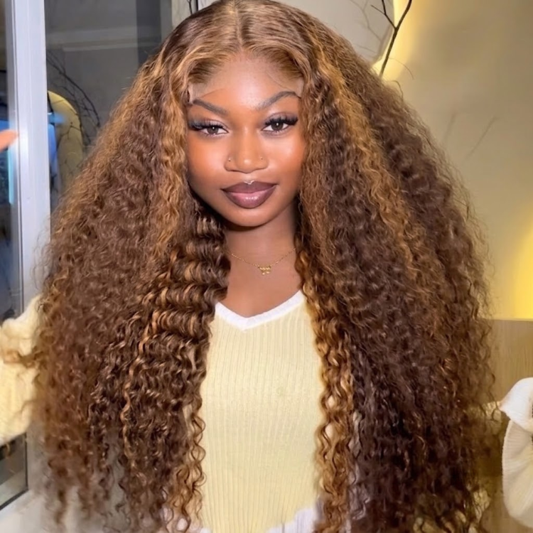 Honey Blonde Highlights Deep Curly Wig | Glueless HD Lace Front Long Voluminous Water Wave Human Hair Wig- Rafarada