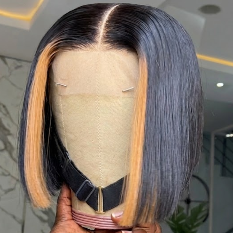 Straight Ombre Bob Wig for Black Women with Pre-Colored Honey Blonde Highlights - Rafarada