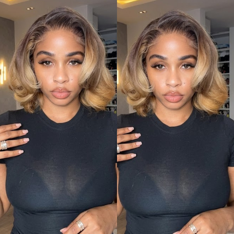 Honey Blonde Highlights Layered Bob Pre-plucked HD Lace Wig Ombre Dark Roots Voluminous Waves Human Hair- Rafarada