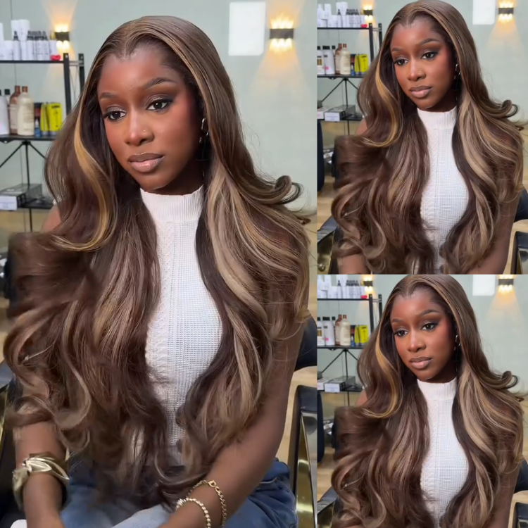 Radiant Face-Framing Honey Blonde Highlights Body Wave Wig - Glossy Dark Brown with Caramel Streaks and Glamorous Blowout Volume- Rafarada