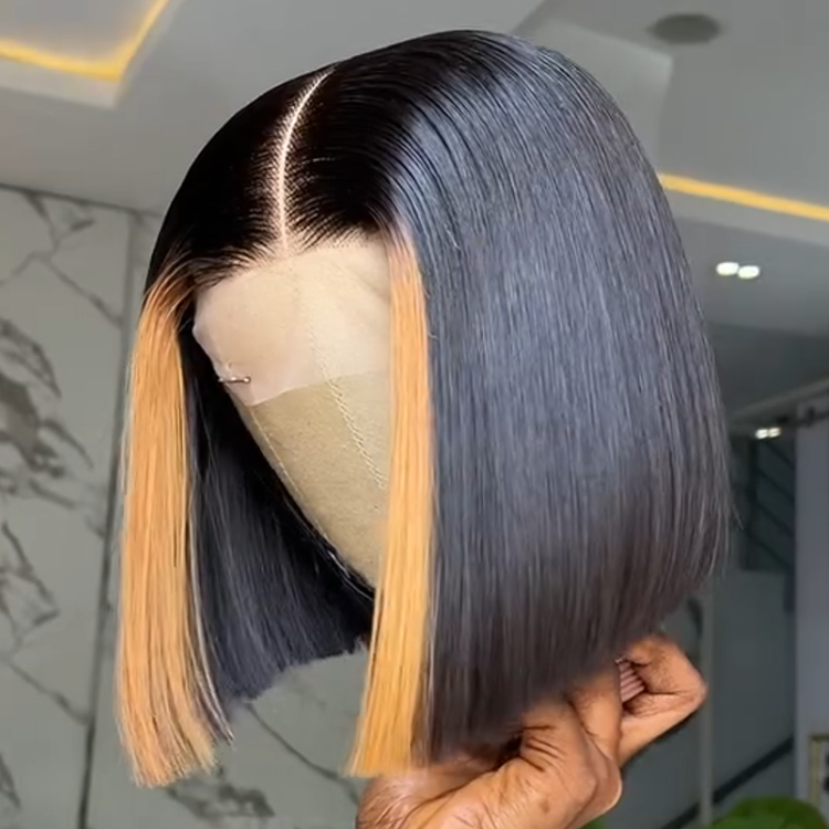 Straight Ombre Bob Wig for Black Women with Pre-Colored Honey Blonde Highlights - Rafarada