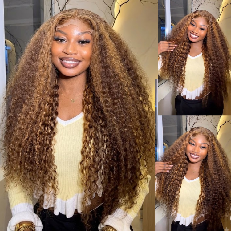 Honey Blonde Highlights Deep Curly Wig | Glueless HD Lace Front Long Voluminous Water Wave Human Hair Wig- Rafarada