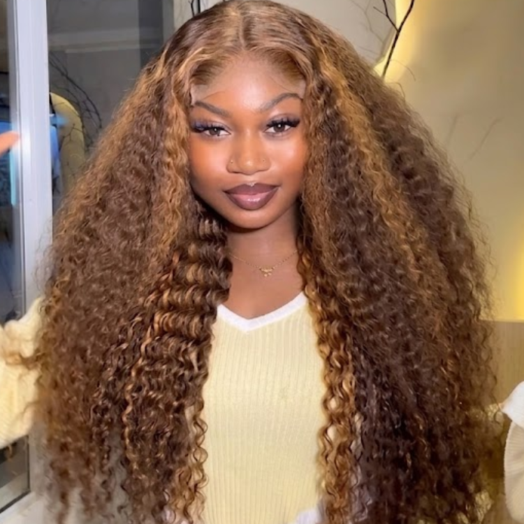 Honey Blonde Highlights Deep Curly Wig | Glueless HD Lace Front Long Voluminous Water Wave Human Hair Wig- Rafarada