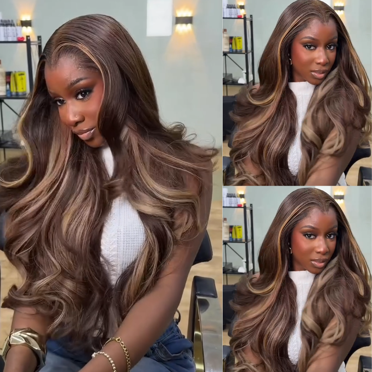 Radiant Face-Framing Honey Blonde Highlights Body Wave Wig - Glossy Dark Brown with Caramel Streaks and Glamorous Blowout Volume- Rafarada