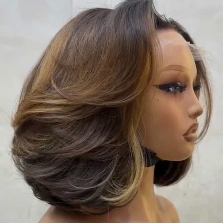 Honey Blonde Money Piece Highlights Chocolate Brown Layered Bob Wig Voluminous Inward C-Curve Waves HD Lace Human Hair- Rafarada