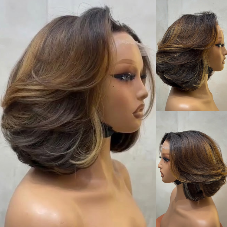 Honey Blonde Money Piece Highlights Chocolate Brown Layered Bob Wig Voluminous Inward C-Curve Waves HD Lace Human Hair- Rafarada