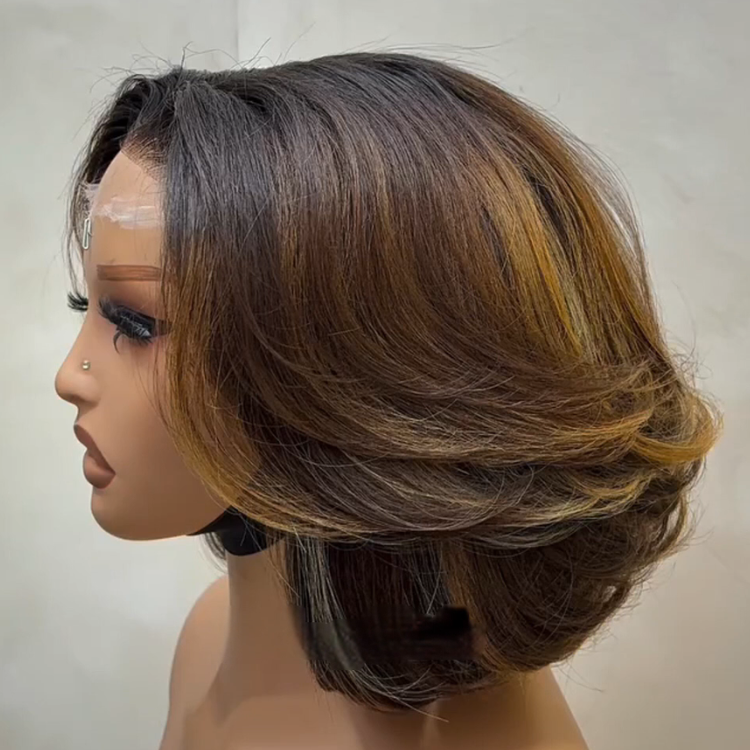 Honey Blonde Money Piece Highlights Chocolate Brown Layered Bob Wig Voluminous Inward C-Curve Waves HD Lace Human Hair- Rafarada