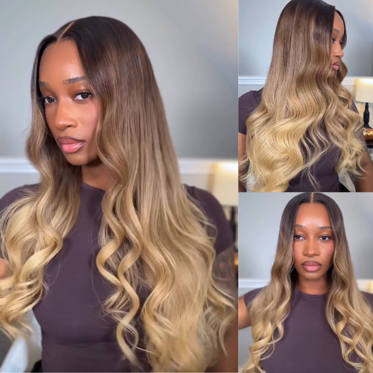 Dark Root Honey Blonde Ombre Body Wave Lace Front Human Hair Wig- Rafarada