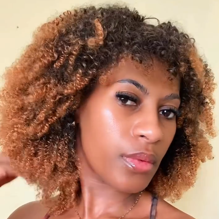 Honey Blonde Ombre Afro Kinky Curly Human Hair Wig - Dark Roots, Defined Coils- Rafarada