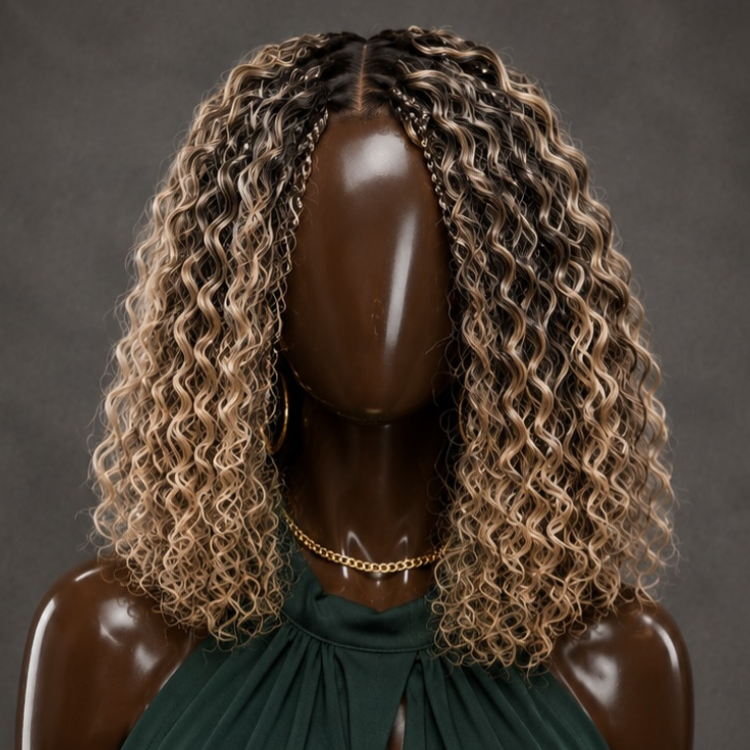 Honey Blonde and Dark Brown Highlight Cornrow Braided Curly Human Hair Wig - Glueless Easy Install - Rafarada