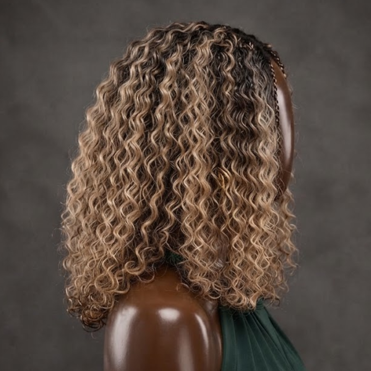 Honey Blonde and Dark Brown Highlight Cornrow Braided Curly Human Hair Wig - Glueless Easy Install - Rafarada