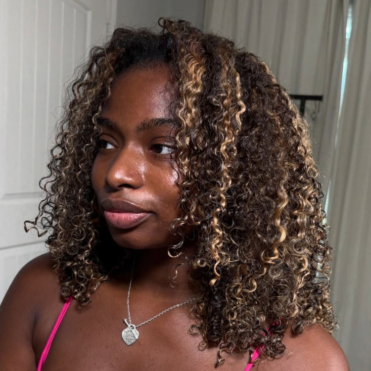 Big Voluminous Honey Brown and Dark Brown Highlight Kinky Curly V Part Wig Glueless Human Hair Wig For Women - Rafarada