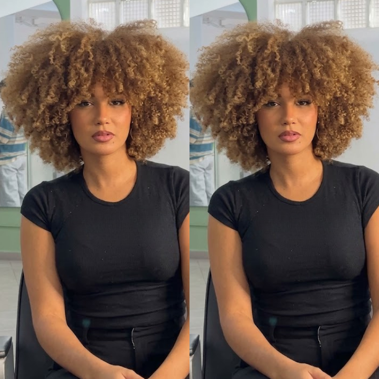 Honey Ginger Blonde 3C 4A Spiral Coils Lace Front Wig - Pre-Plucked Glueless HD Lace Human Hair Wig with Bangs- Rafarada