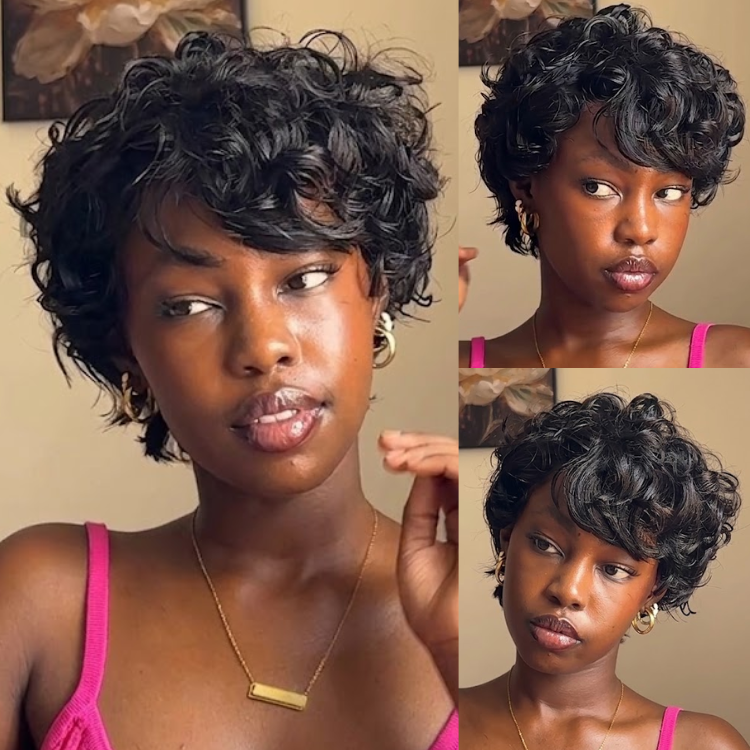 Jet Black Deep Curly Pixie Wig - Wet Look Deep Waves & Voluminous Layers - Pre-plucked Easy Everyday Style - Rafarada