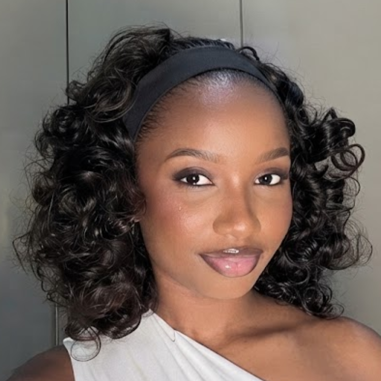 Jet Black Voluminous Curly Human Hair Headband Wig - 1B Color Bouncy Curls - Glueless Wear & Go- Rafarada