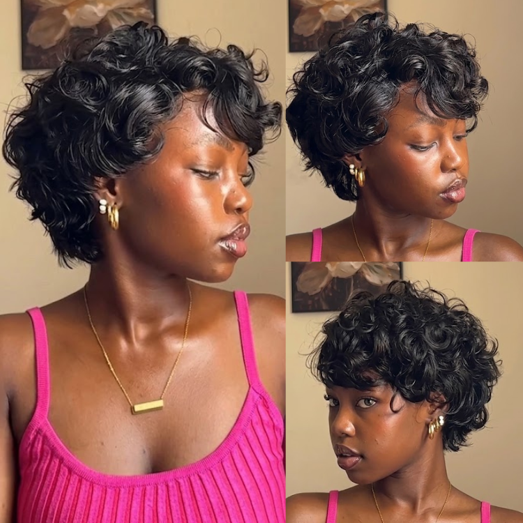 Jet Black Deep Curly Pixie Wig - Wet Look Deep Waves & Voluminous Layers - Pre-plucked Easy Everyday Style - Rafarada