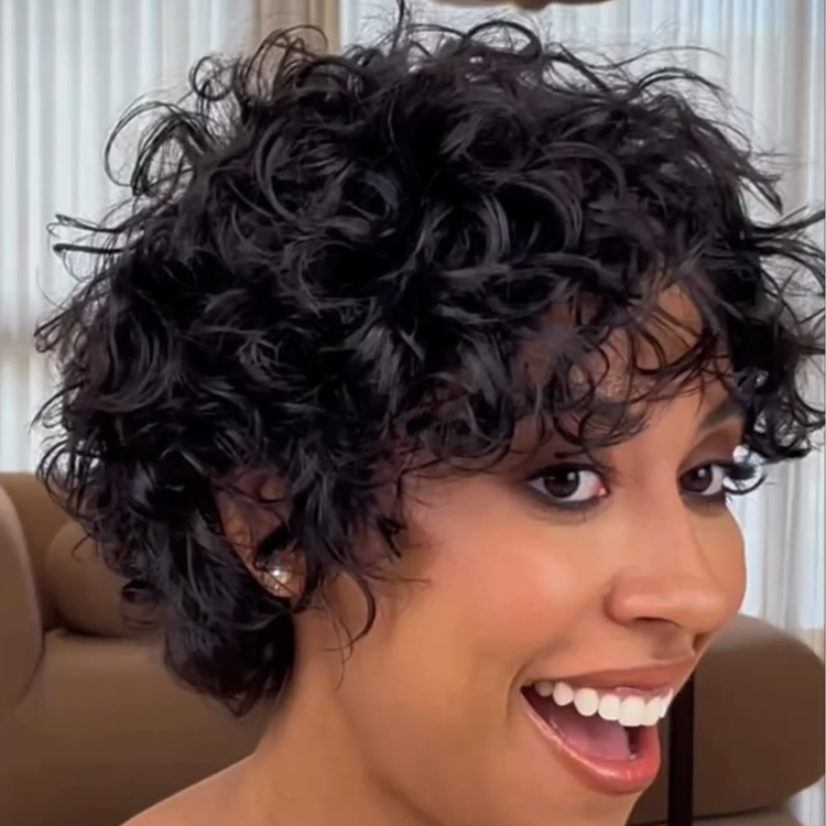 Jet Black Short Pixie Curly Human Hair Wig - Defined Kinky Curly Texture - Glueless Full Skin Cap - Rafarada