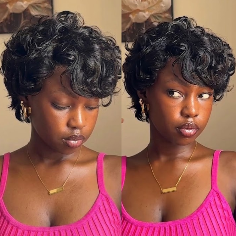 Jet Black Deep Curly Pixie Wig - Wet Look Deep Waves & Voluminous Layers - Pre-plucked Easy Everyday Style - Rafarada